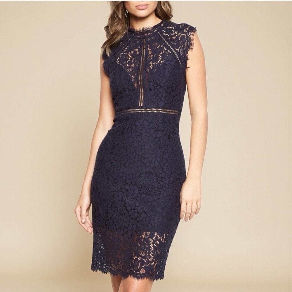 Bardot Navy Floral Lace Sheath Dress